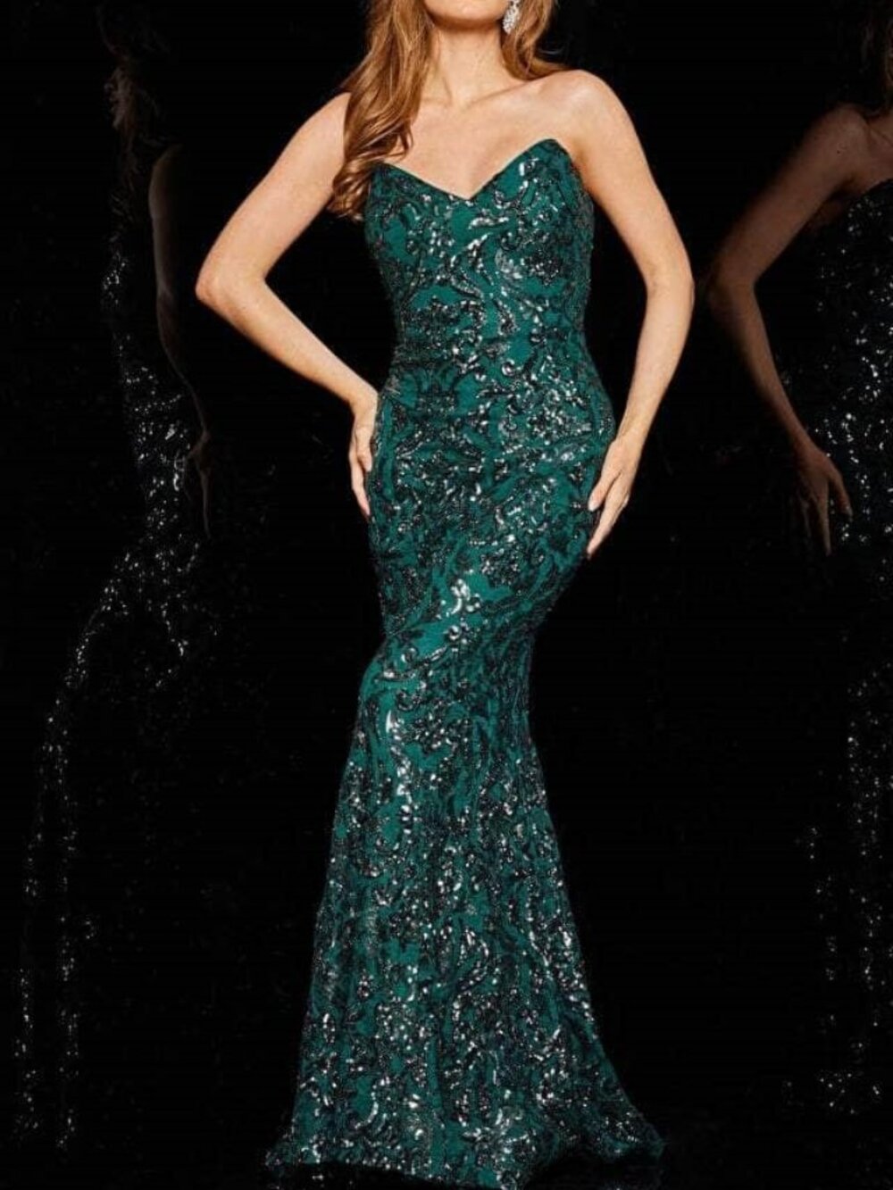 NWT Jovani 05054 Sequined V Neck Formal Gown Hunter size 14